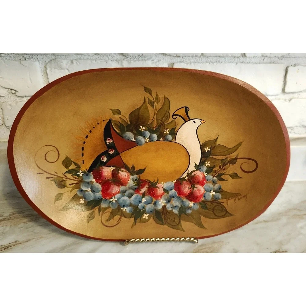 Vintage Handpainted Wooden Partridge Dove Folk Art Tray Bowl Wall Hanging Signed